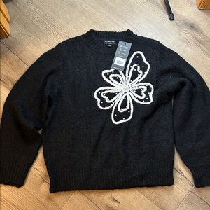 “Cashmere” Black Sweater with White Floral with Pearl Accent